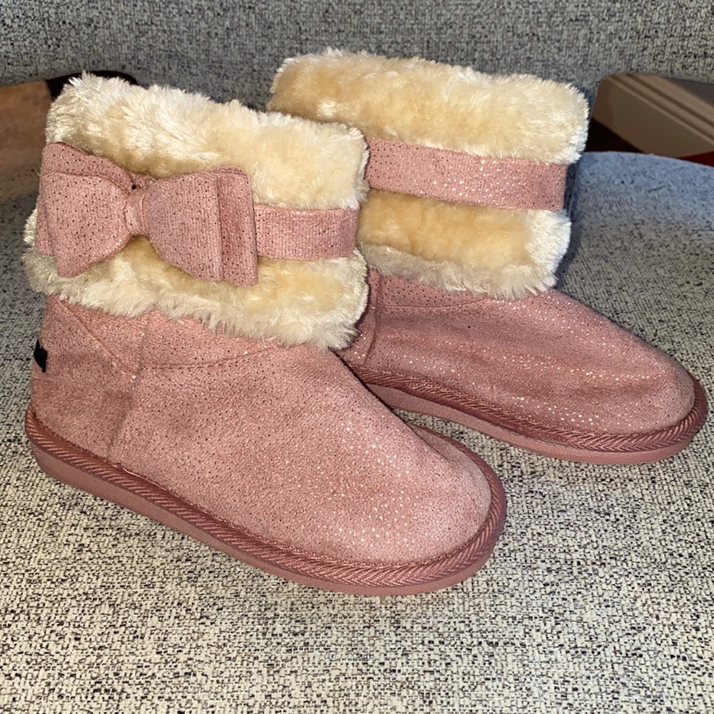 Kensie Girl Faux Fur Cuffed Winter Micro-suede Ankle Boots with Bow.